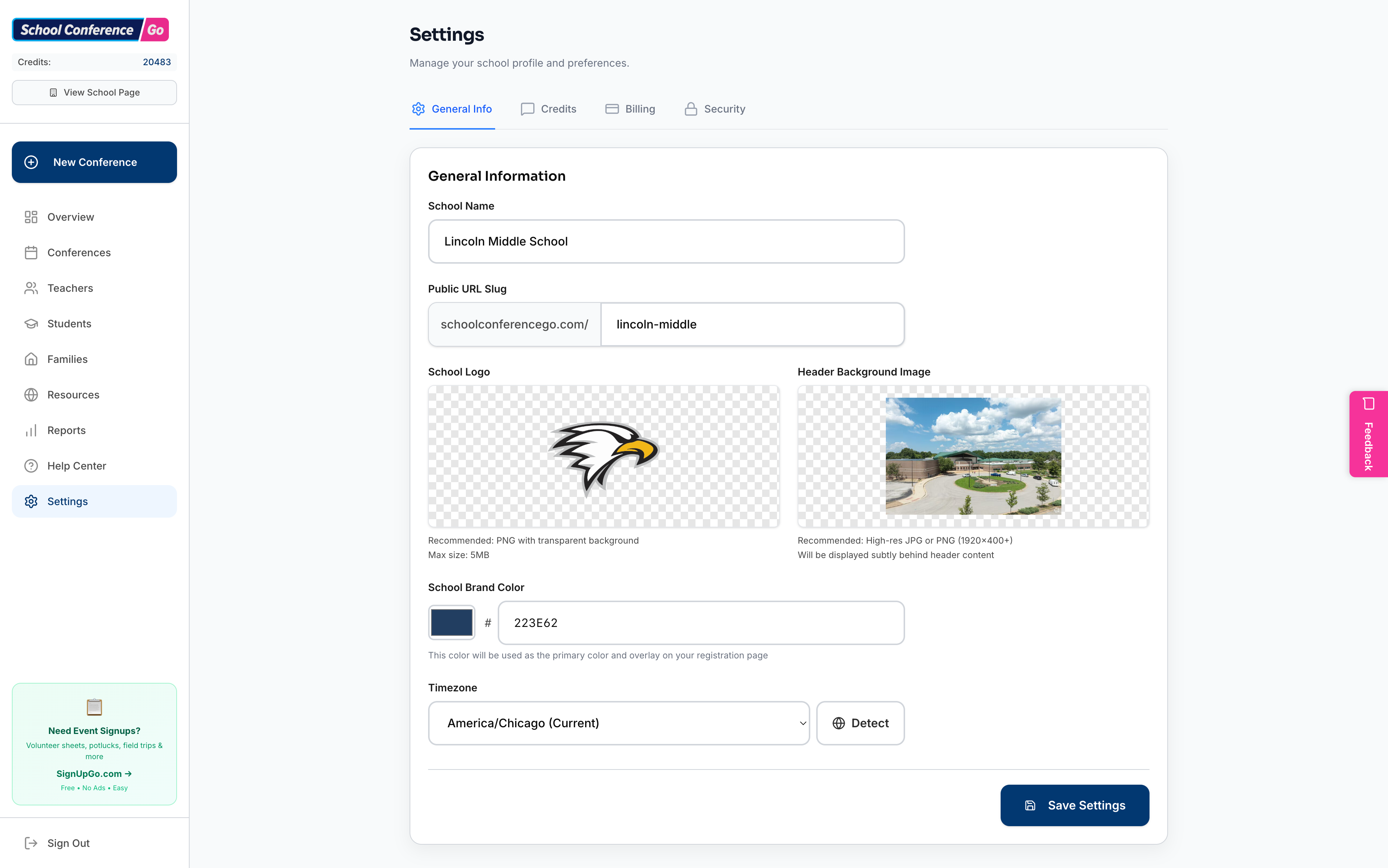 School settings page showing logo and color customization