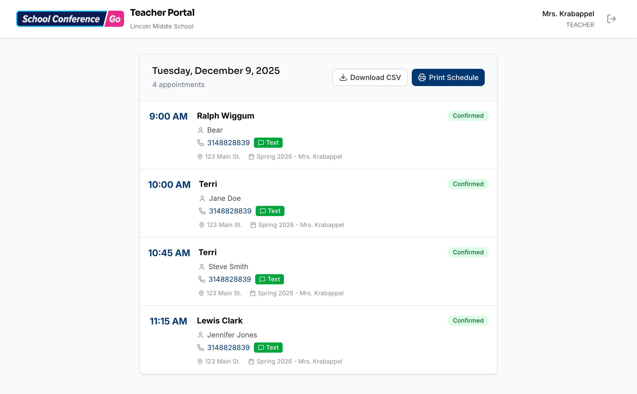 Teacher portal showing conference schedule and reports