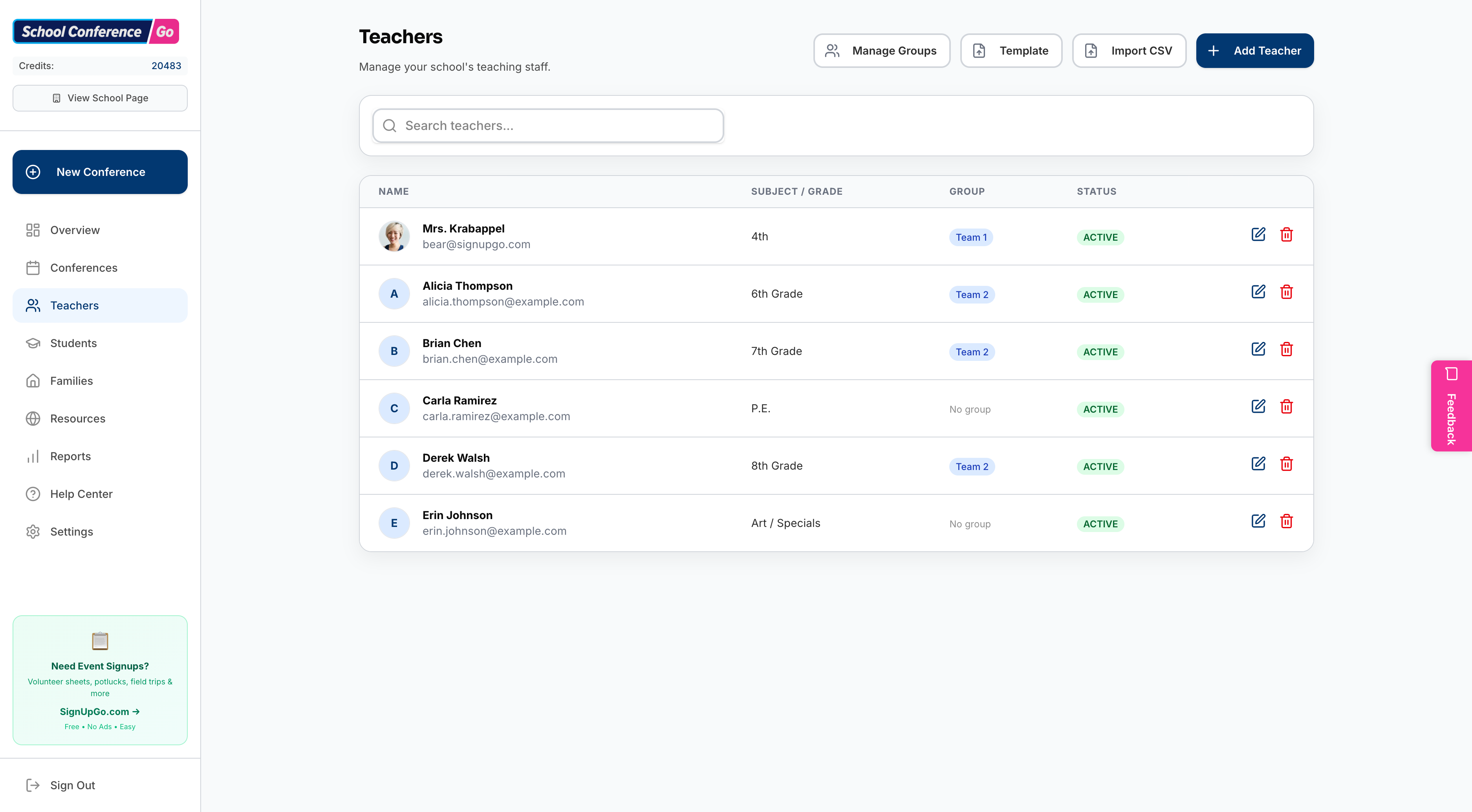 Teacher import page showing CSV upload and photo management